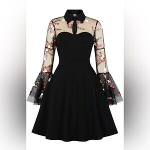 Chic Black Dress with Floral Embroidered Sleeves NWT